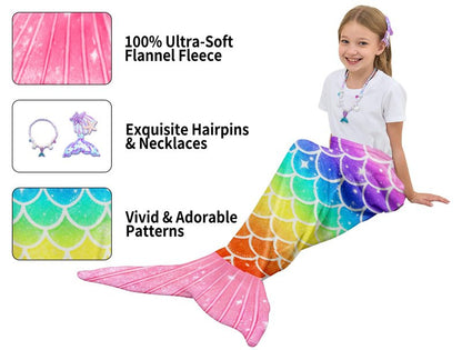 NikNio Mermaid Tail Blanket for Girls Soft Flannel Wearable Blanket Sleeping Snuggle Kids Christmas Gift Ideal 3-4 4-6 7-8 10-12 Rainbow Pattern