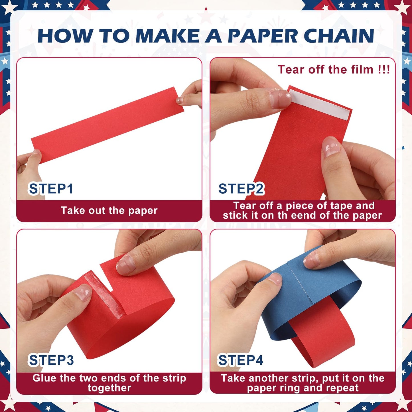 Eaasty 300 Sheets Red White Blue Paper Chain Strips, 4th of July Paper Chains Craft, 46 Feet Total Length Patriotic Garland for American Independence Day Party Decorations with 1 Double Sided Tape