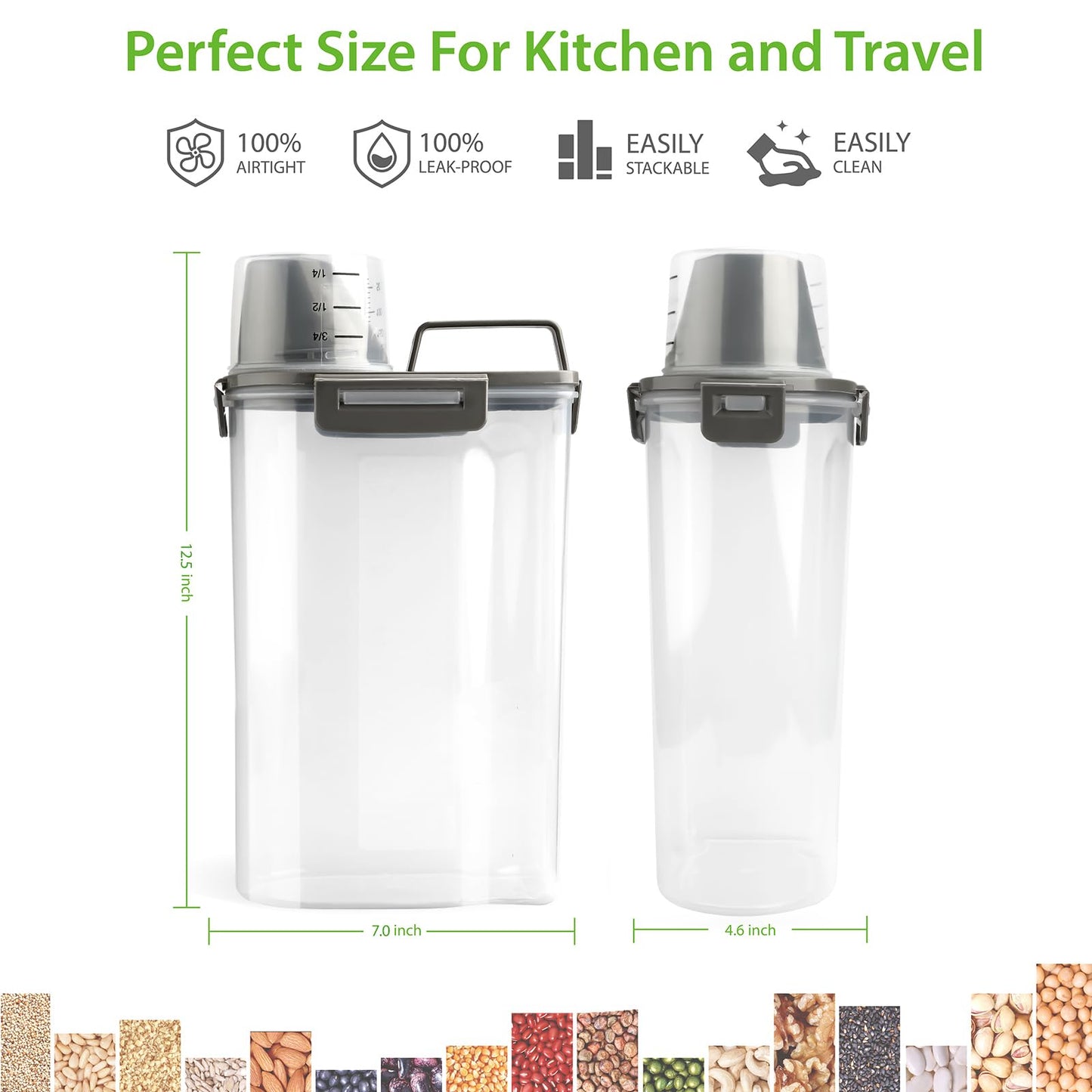 Viretec Rice Airtight Storage Container, 3 to 5Lbs Cereal Dry Food Flour Bin, Pet Dog Cat Food Dispenser with Measuring Cup, BPA Free Clear Plastic Kitchen and Pantry Organization Bin for Sugar