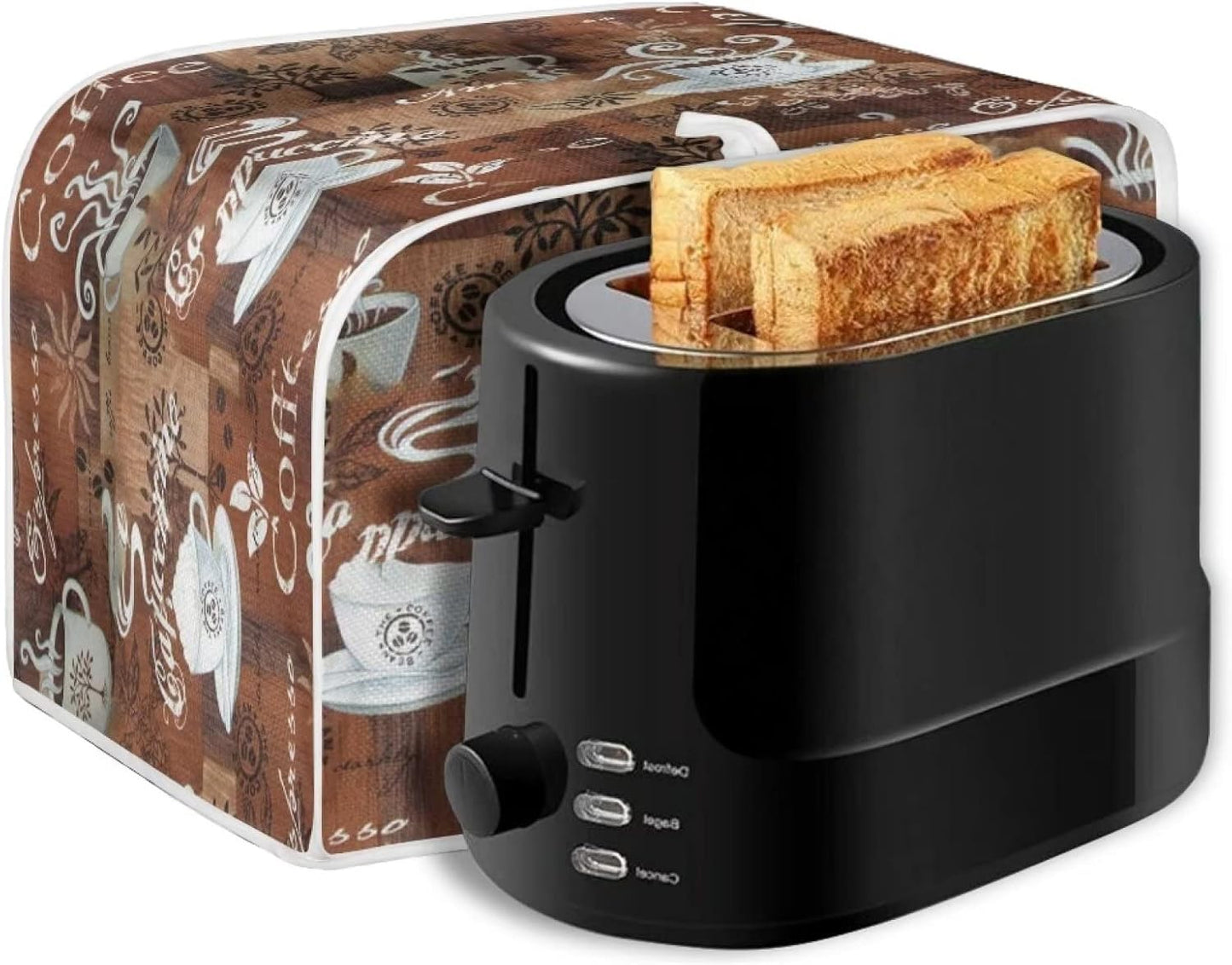 JEOCODY Toaster Cover, Coffee Theme Print, 4 Slice Wide Slot Small Appliance Cover with Handle