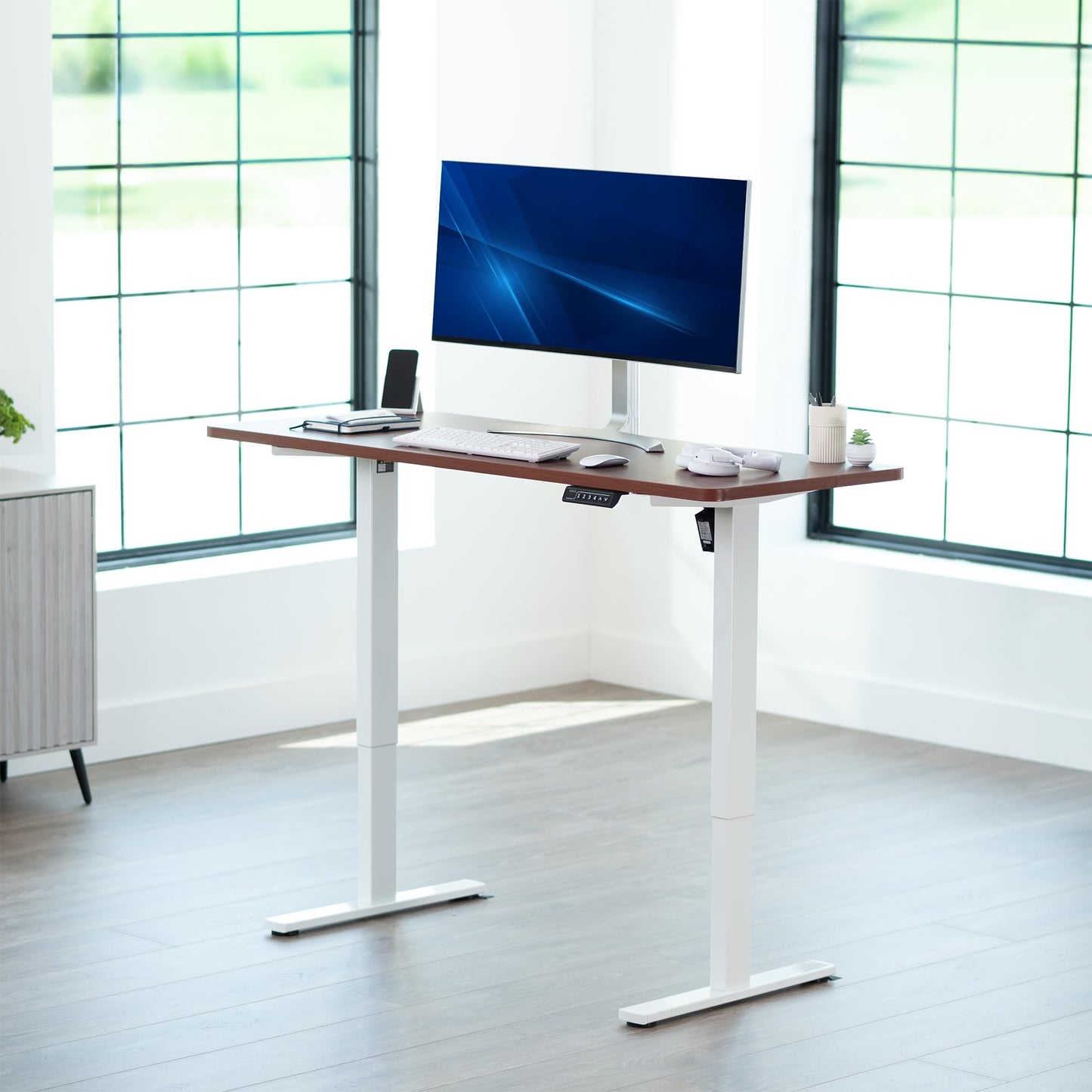 VIVO Electric 60 x 24 in Standing Desk, Memory Height Adjustment, 1B Series, Holds 220 lbs, One-Piece Dark Walnut Top, White Frame, DESK-KIT-1W6D