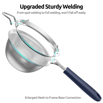U-Taste Medium Fine Mesh Strainer: 18/8 Stainless Steel 4.73in 30 Mesh Kitchen Food Sieve with Sturdy Riveted Silicone Handle, Heavy Duty Deep Handheld Metal Colander for Rice, Quinoa(Midnight Blue)