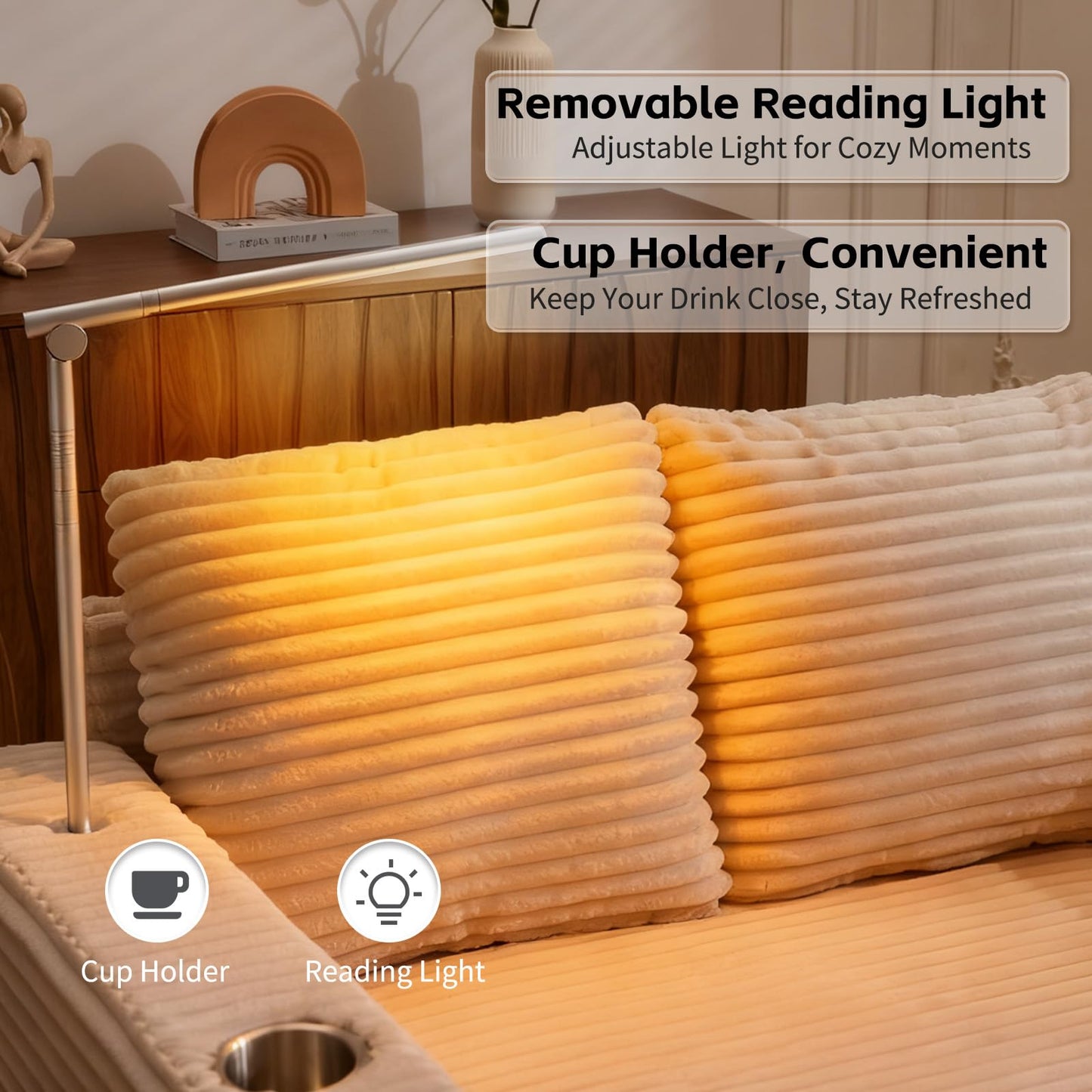AEDI Oversized Chaise Lounge Chair with Reading Light & USB Charging,Sleeper Sofa with Cup Holder, Solid Wood Frame,for Living Room,Bedroom(Corduroy Beige)
