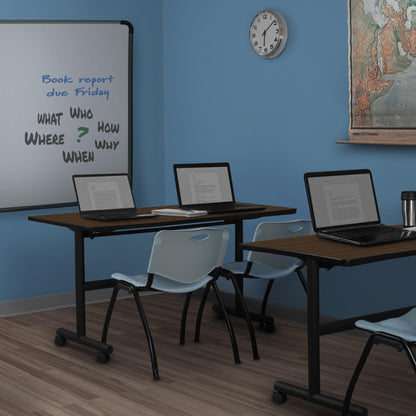Regency Kobe 60 x 24 in. Flip-Top Training Nesting Table- Neo Walnut, 2 M Stack Chairs- Grey