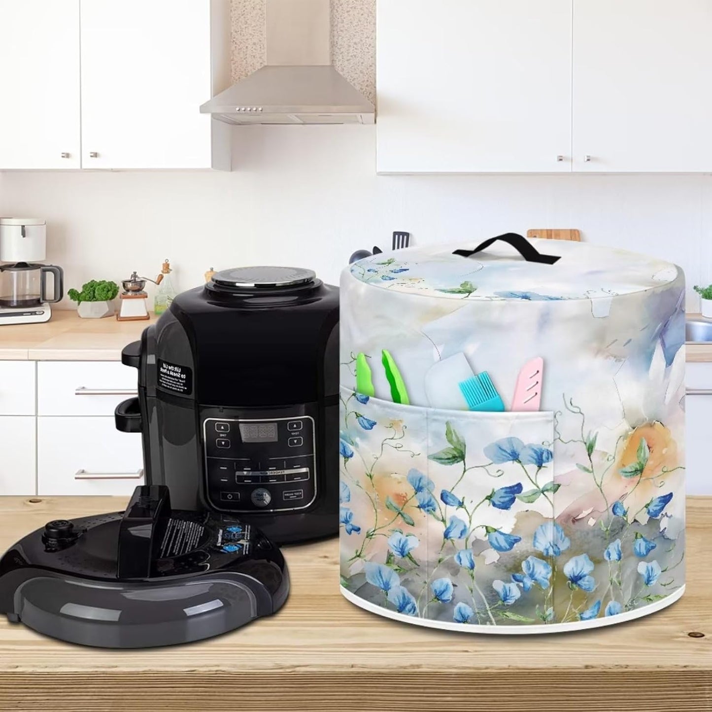 Floral Print Pressure Cooker Dust Cover Compatible with 6 Quart - Durable Cover with Pocket for Kitchen Appliances
