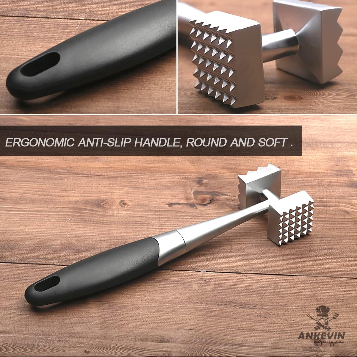 Meat Tenderizer Tool, 8.8 inches Dual-Sided Nails Meat Mallet with Rubber Comfort Grip Handle for Steak, Chicken, Fish
