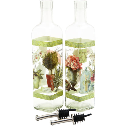 CEDAR HOME Olive Oil Bottle Set Glass Dispenser Vinegar Cruet 17oz. with Stainless Steel Leak Proof Pourer Spout for Cooking or Salad Dressing, 2 Pack, Green