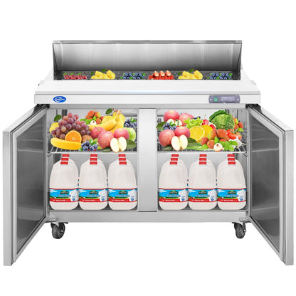 kalifon 60" W 2 Door Refrigerator Sandwich Salad Prep Table Commercial Stainless Steel Fan Cooling Refrigerator with Cutting Board, 2 Shelves & 24 Pans for Restaurant, Bar, Shop-16.4 Cu.ft