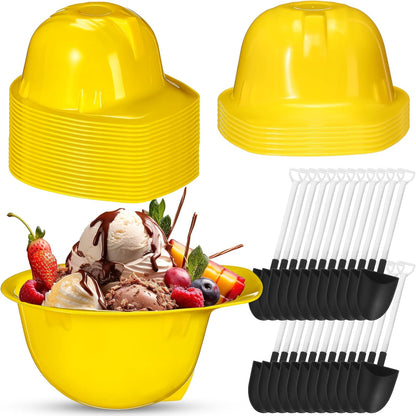 24 Sets 8 oz Uiifan Construction Ice Cream Bowls with Shovel Spoons, Plastic Helmet Dessert Cups Snack Bowls