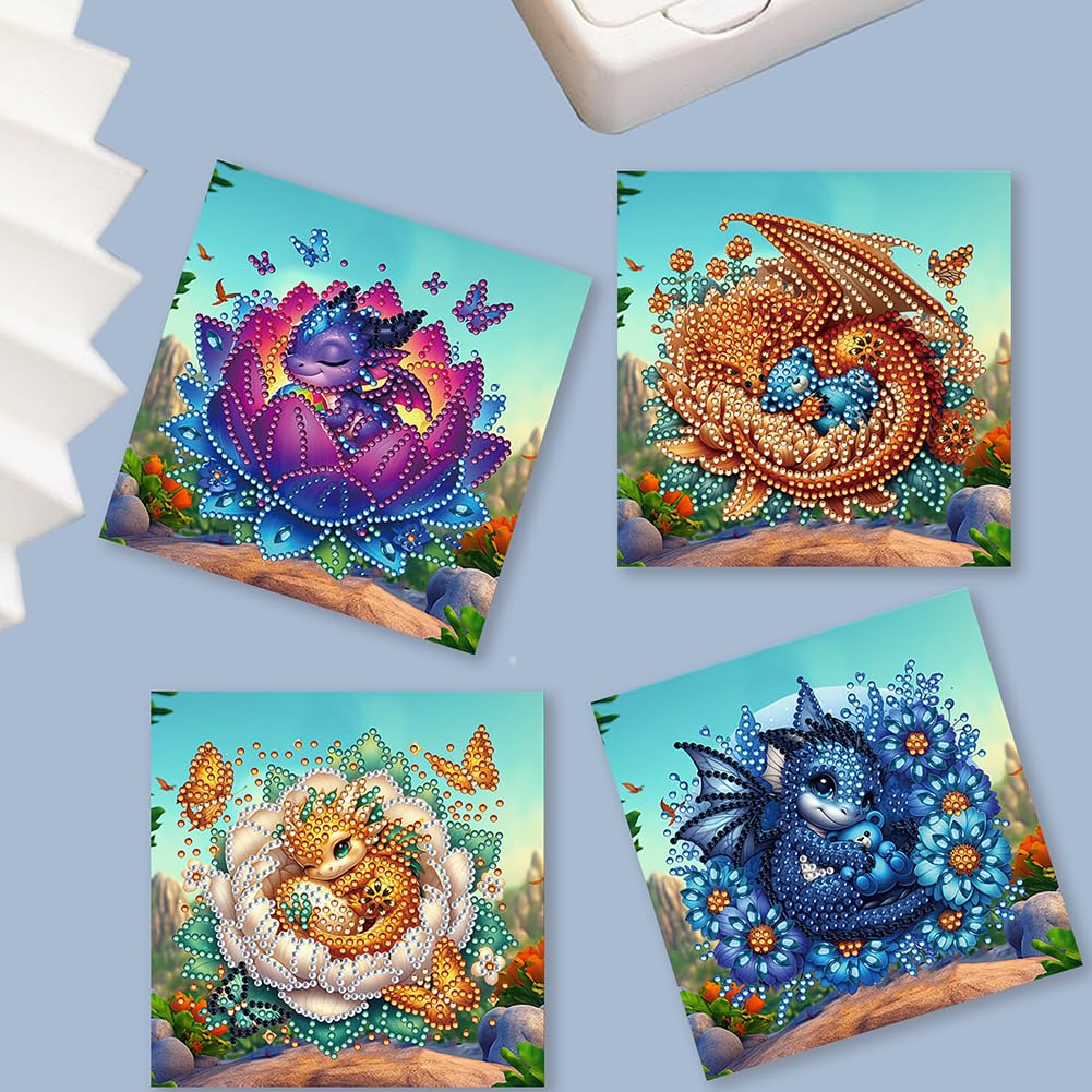 6 Packs DIY Diamond Art Cards Kit, Diamond Art Painting Cards, Diamond Art Cards with Envelope for Christmas Birthday Thanksgiving Day Holiday (Bud Dragon)