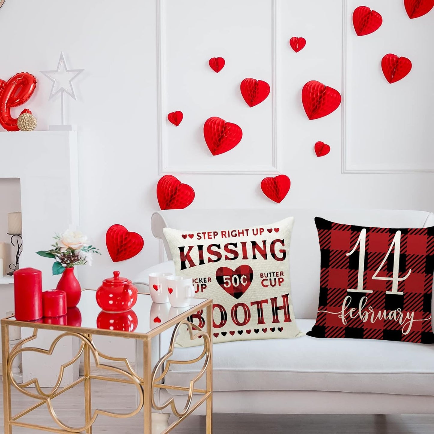 Ueerdand Set of 4 Valentines Day Pillow Covers, 20x20 inch Red Black Buffalo Check Decorative Cushion Cases