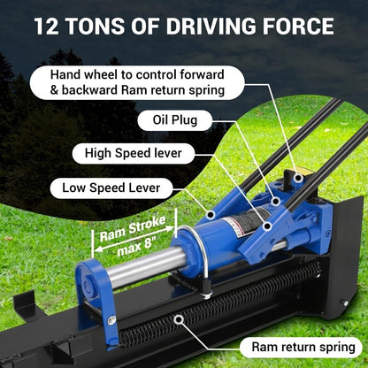 GarveeTech 12 Ton Hydraulic Log Splitter Wood Cutter, Manual Log Splitter with Horizontal Full Steel Beam & Built-in Wheel