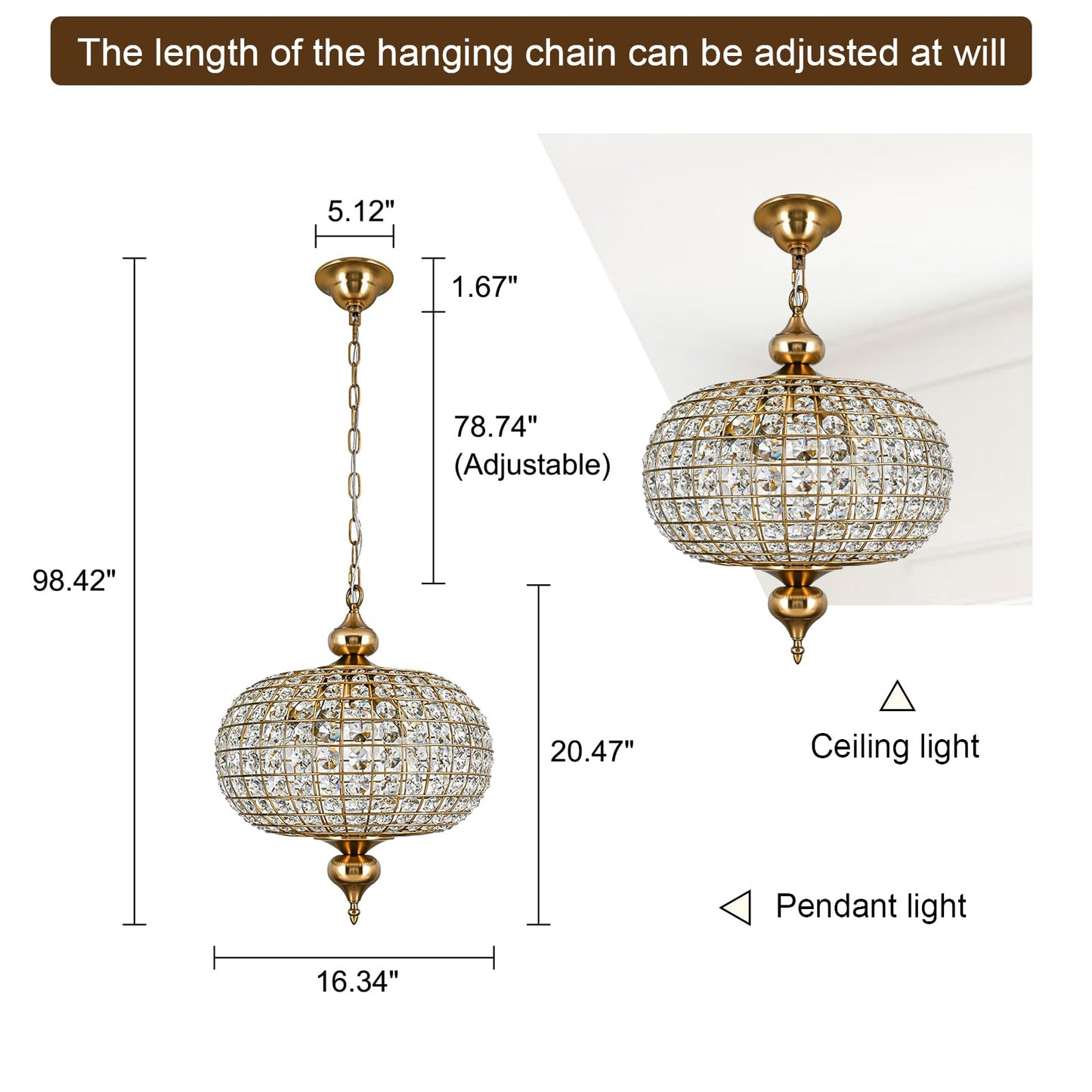 HUOKU Gold Crystal Chandelier, 16.5" Modern 4-Light Round Crystal Pendant Light Antique Globe Foyer Chandelier for Dining Room Living Room