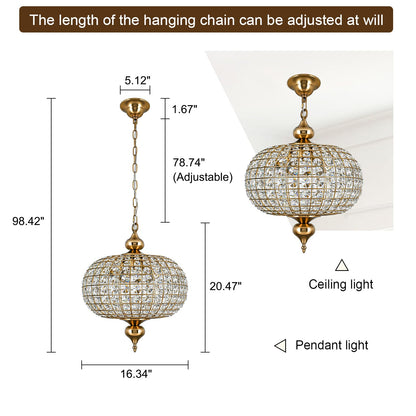 HUOKU Gold Crystal Chandelier, 16.5" Modern 4-Light Round Crystal Pendant Light Antique Globe Foyer Chandelier for Dining Room Living Room
