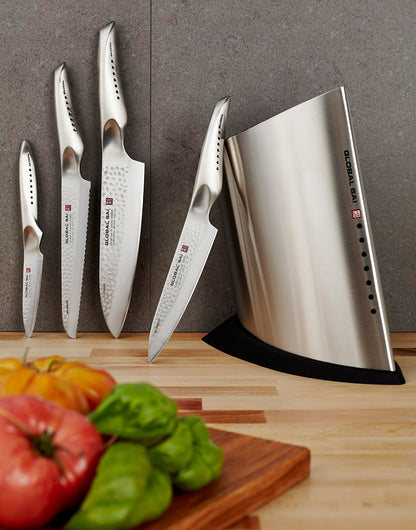 Global SAI 5 Piece Knife Block Set - Lightweight Japanese Stainless Steel, Razor Sharp Edge, Hand Hammered Blade, Thumb Rest, Made in Japan, SAI-5001