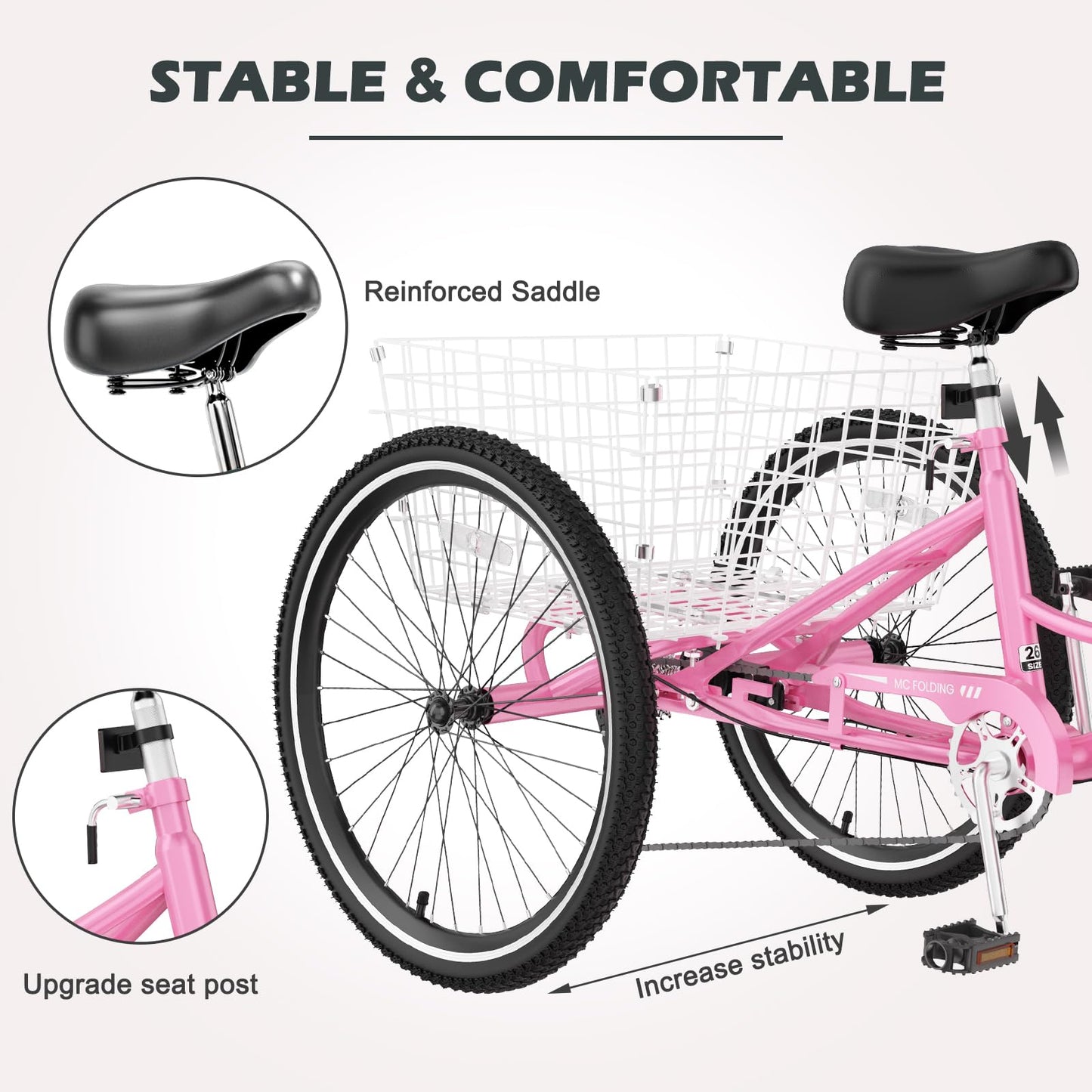 H&ZT Adult Tricycle, 3 Wheeled Bike, Trike Cruiser Bike, with 7-Speed Gear, Parking Brake Handle, Low Step, Large Rear Basket, Elderly Friendly, for Men, Women, and Teens