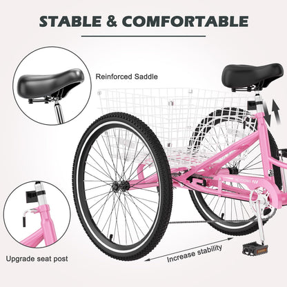 H&ZT Adult Tricycle, 3 Wheeled Bike, Trike Cruiser Bike, with 7-Speed Gear, Parking Brake Handle, Low Step, Large Rear Basket, Elderly Friendly, for Men, Women, and Teens