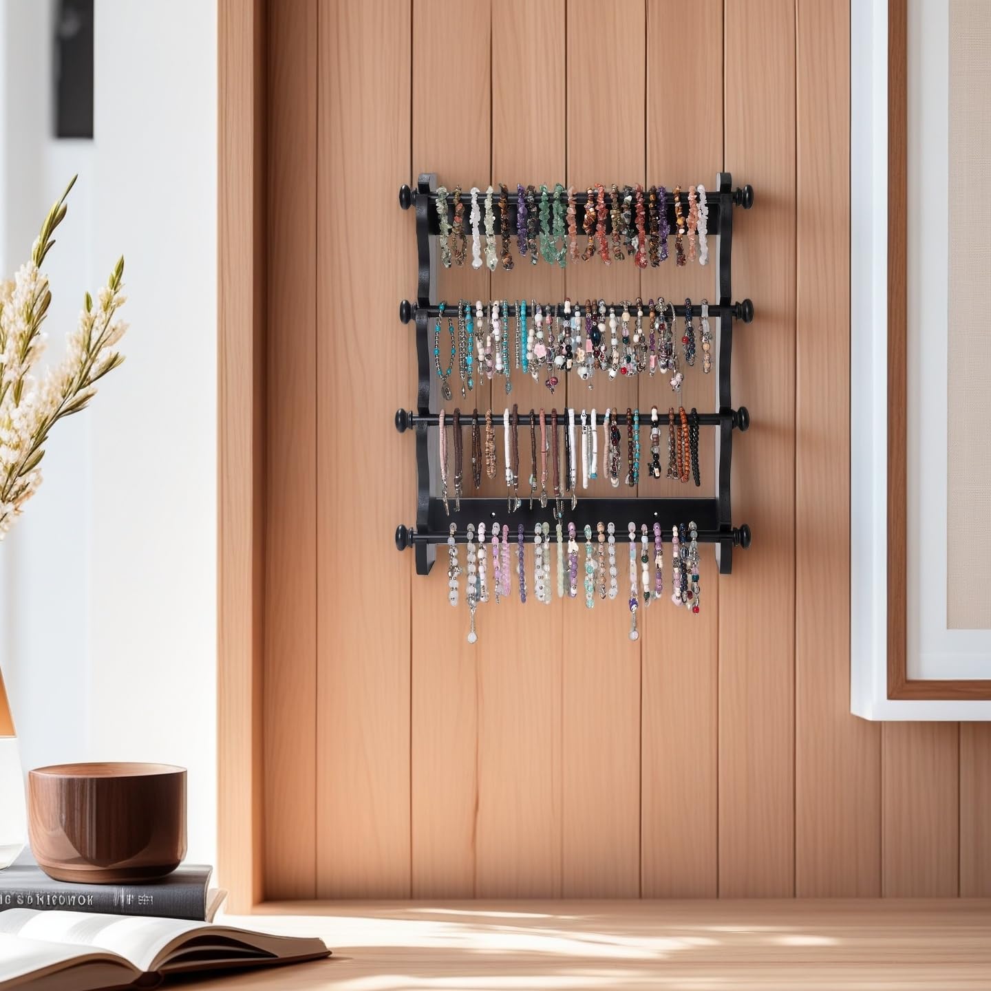 4-Tier Wooden Bracelet Holder Wall-Mounted – Black Jewelry Display Stand for Bracelets, Bangles, Watches– Rustic Wall Jewelry Organizer for Home, Store, or Craft Show – Bracelet Display Rack