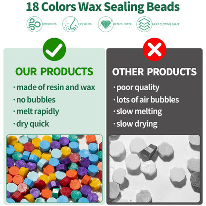 Yauhar 917Pcs Letter Sealing Kit Contains 18 Colors Wax Seal Beads, 10Pcs Stamps with Handle, Wax Spoon and Candle for Christmas Gift Wrapping & Envelope Sealing, Wedding Invitation