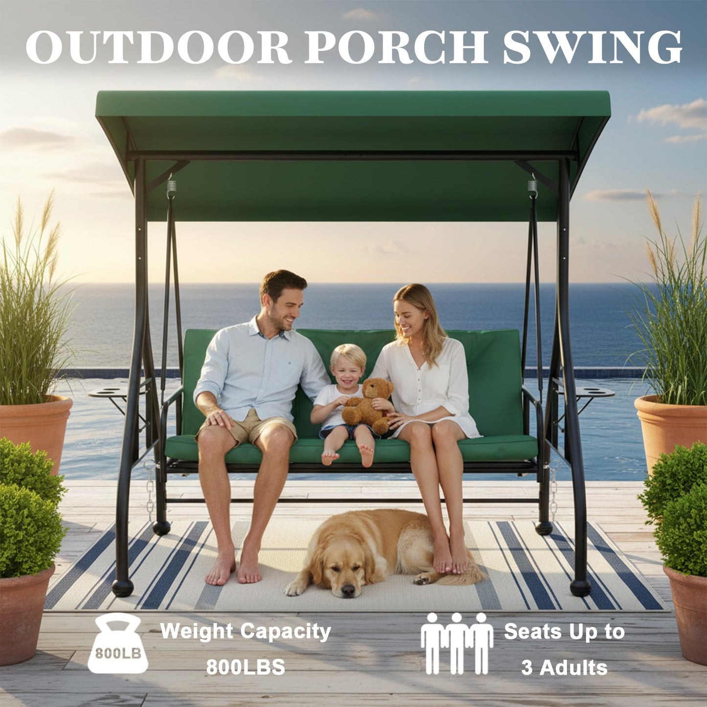 3 Person Outdoor Adult Porch Swings Bed with Stand & Adjustable Canopy, Patio Swing Daybed with Foldable Side Tray w/Thicken Cushions for Adults for Balcony Garden Deck Green