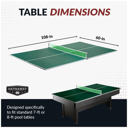 Hathaway 9 ft Quick Set Table Tennis Conversion Top – Regulation Sized, Foldable, Durable Engineered Surface, Protection Pads – Indoor Ping Pong Table Topper for Pool Table w/Net & Posts – Green