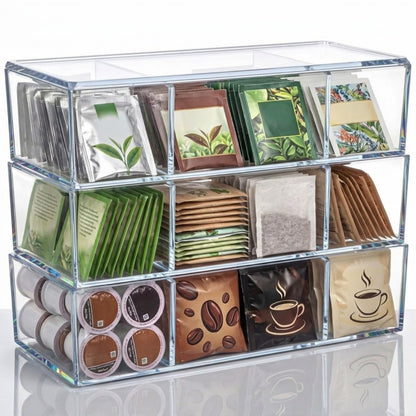 Hoteam 3 Pack Tea Bag Organizer with Lids,Clear Stackable Plastic Tea Bag Storage Organizer for Cabinet Counter Countertop Pantry, Sweeteners (Flip Top,3 Grids)
