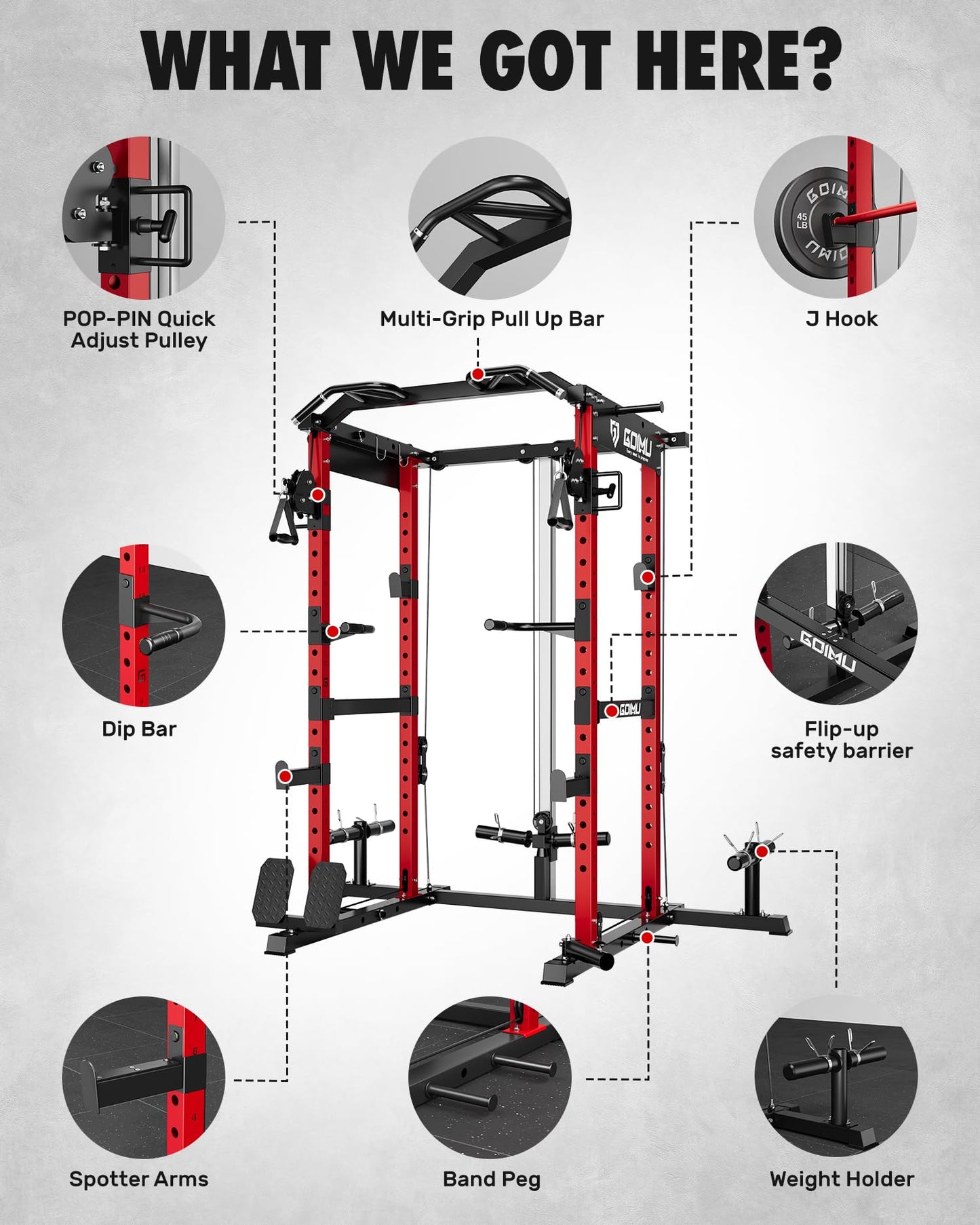 GOIMU RH01 Power Cage Rack, 2000LBS Squat Rack with with Cable Crossover System&LAT Pull Down System, Multi-Function Workout Cage for Home&Garage Gym (Red, RH01 Power Cage)