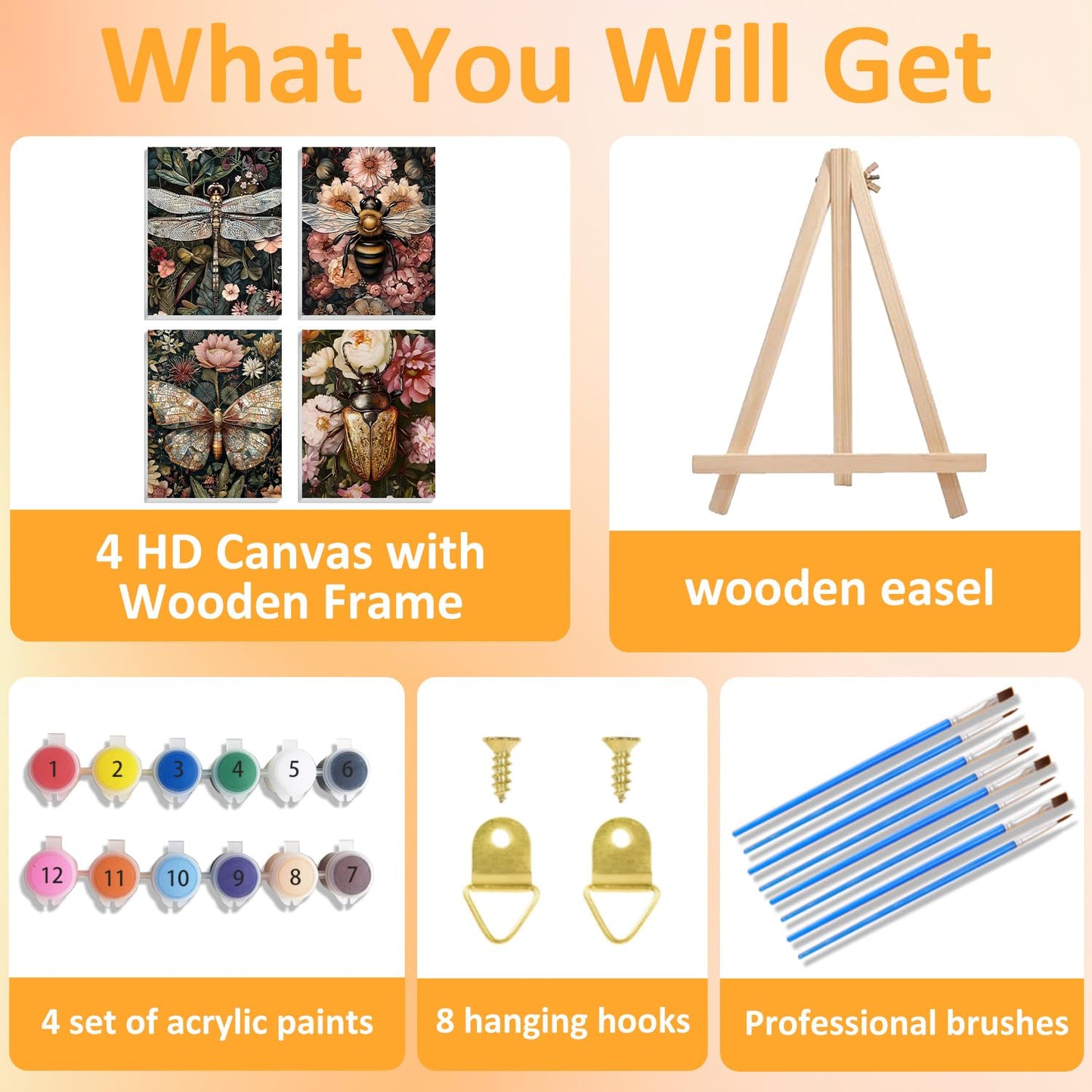 4 Pack Paint by Numbers Kit for Adults with Wooden Frames, Dragonfly Butterfly Bee Bettle Paint by Number for Adults Beginners, Paint by Numbers on Canvas Acrylic for Home Wall Art Decor 9.8x13.7 Inch