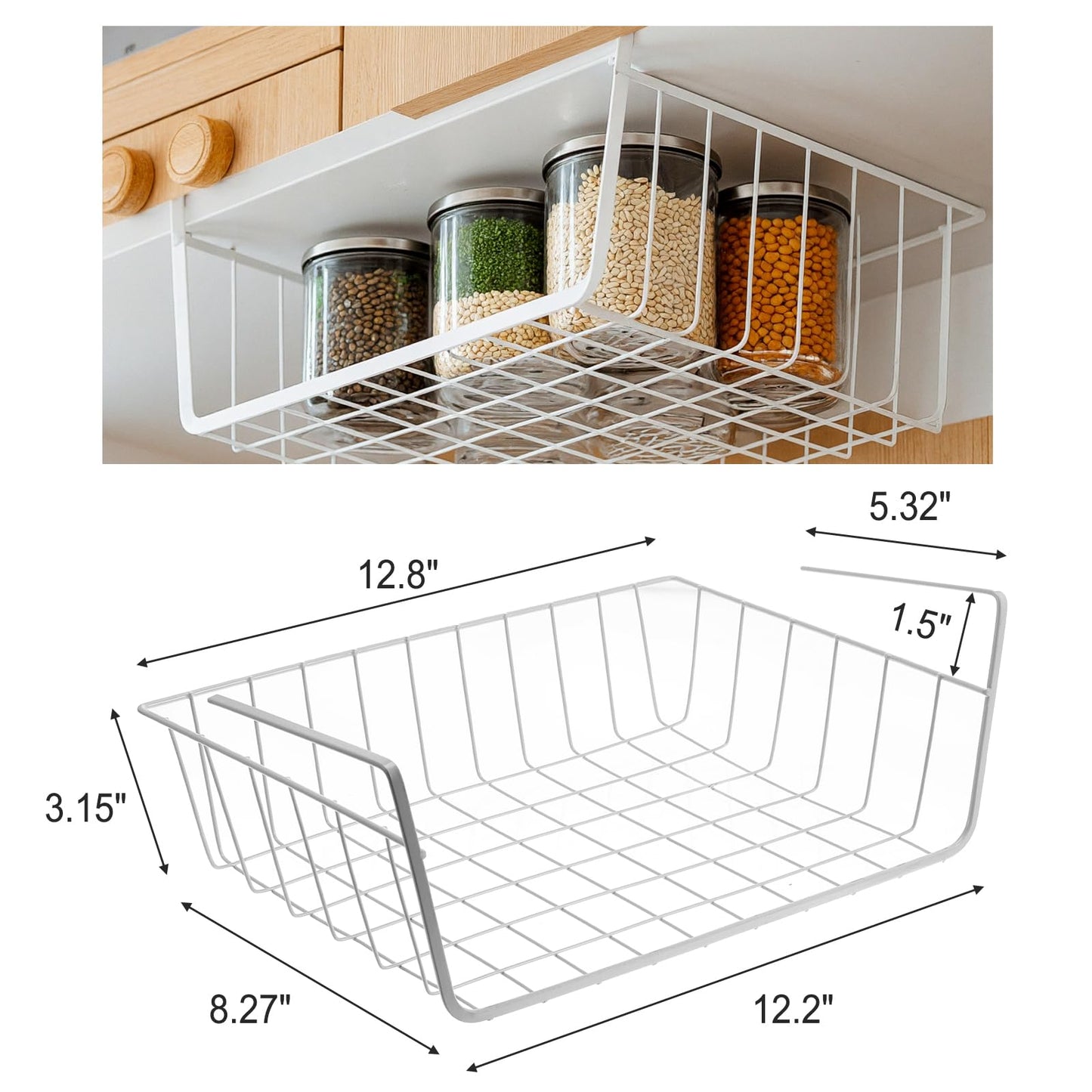 4-Pack White Under Cabinet Storage Baskets – Hanging Shelf Organizers for Kitchen, Pantry, Desk & Bookshelf – No-Tool Installation, Space-Saving Design
