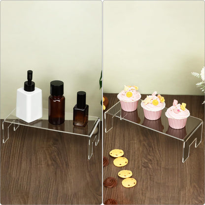 QWORK Clear Acrylic Display Risers Stand, 2 Pack 5mm Thick Transparent Showcase Shelves for Dessert Cupcakes Perfume Toys Cosmetics Jewelry Collectibles, 12x5x3.3 Inch Display Shelf