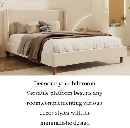 Merax Solid Wood King Size Velvet Bed Frame with Wingback Headboard, Modern Upholstered Platform with Walnut Wooden Legs, Strong Wooden Slats, No Box Spring Needed, Beige