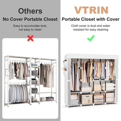 VTRIN Portable Closet for Hanging Clothes 67 Inch Wide Large Capacity Portable Wardrobe Closet with Cover, 4 Storage Shelves and 4 Hanging Rod Sturdy Free Standing Closet for Bedroom, White