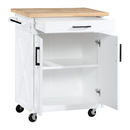 OSP Home Furnishings Bolten Farmhouse Kitchen Cart with Butcher Block Top, Rolling Island with Storage Cabinet and Drawer, 35.5H x 32W x 19D inches, White