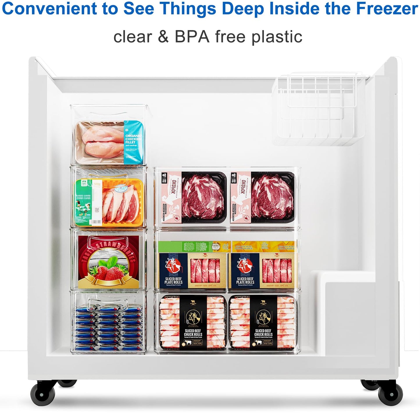 Hudgan 2 Pack Deep Freezer Organizer Bins, Straight Side Stackable Chest Freezer Storage Bins, Pantry organizers and Storage, Food-Grade Plastic