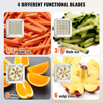 VEVOR Commercial French Fry Cutter with 4 Replacement Blades, 1/4" and 3/8" Blade Easy Dicer Chopper, 6-wedge Slicer and 6-wedge Apple Corer, Lemon Potato Cutter for French Fries with Extended Handle