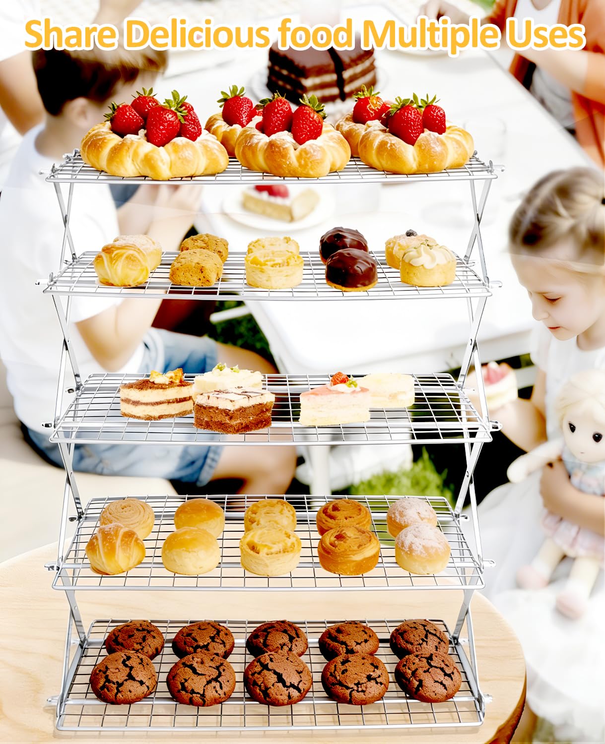 5 Tier Collapsible Cooling Rack, 2/3/4/5-Tier Upgraded,Adjustable ＆ Stackable Baking Rack, 5 Modes Cooling Racks for Cooking and Baking, Roasting ＆ Grilling Gifts for Picnic Party
