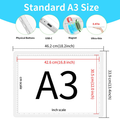 Phylosal Rechargeable A3 Light Pad with Built-in Stand & Bag, Magnetic Tracing Light Box for Drawing, Diamond Art Light Board with Side Button, Super Bright Light Table for Diamond Painting, Sketching