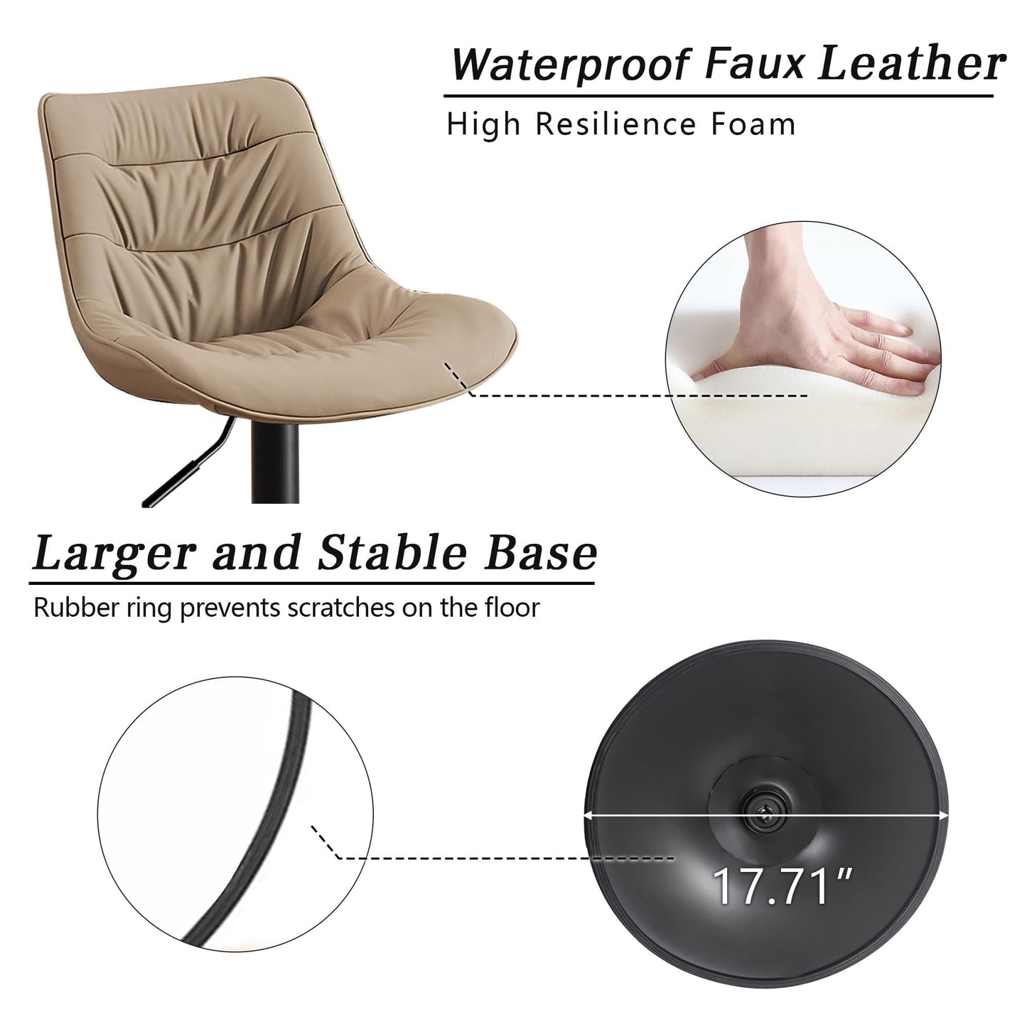 Kidol & Shellder Adjustable Bar Stools Set of 2, Faux Leather Counter Height BarStools with Back and Metal Base, Modern Mid Century Upholstered Bar stools for Kitchen Island Khaki