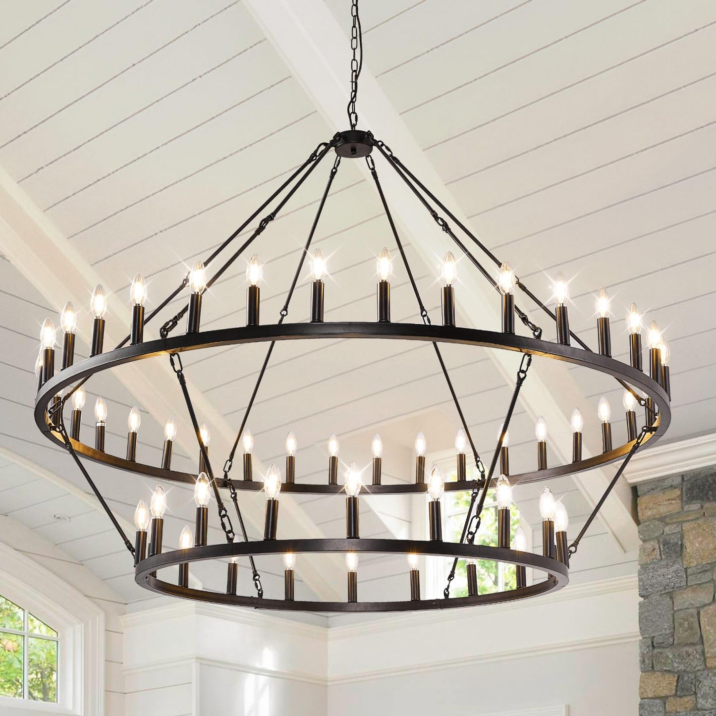54-Lights 2 Tier Wagon Wheel Chandelier, 60" Large Chandeliers for High Ceilings, Round Black Chandeliers for Dining Room, Farmhouse Foyer Lighting Fixtures, for Living Room, Staircase, Entryway