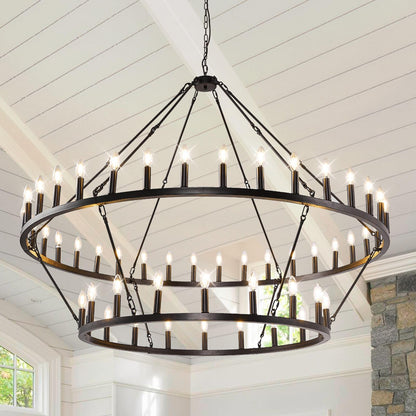 54-Lights 2 Tier Wagon Wheel Chandelier, 60" Large Chandeliers for High Ceilings, Round Black Chandeliers for Dining Room, Farmhouse Foyer Lighting Fixtures, for Living Room, Staircase, Entryway