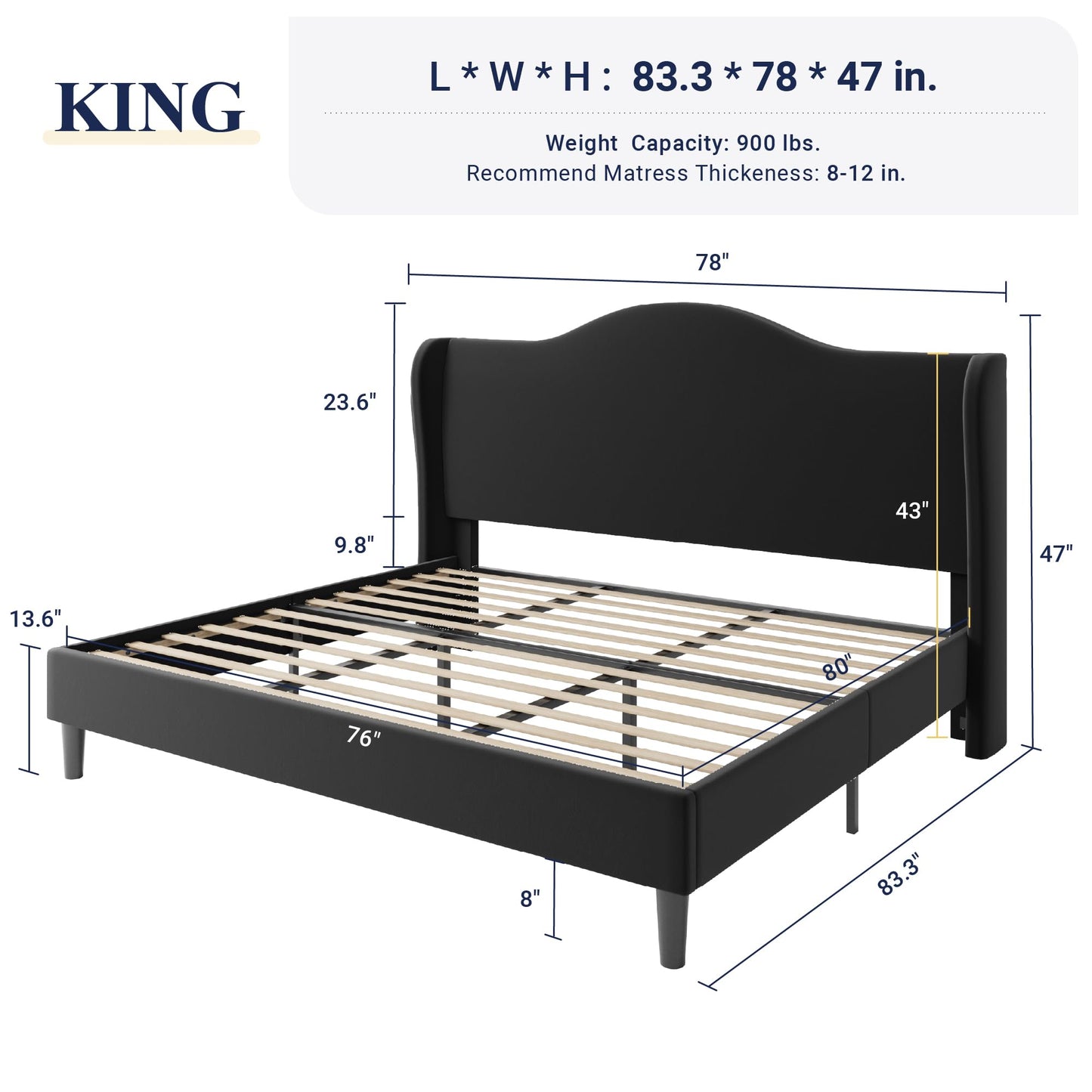 Allewie King Size Bed Frame, Upholstered Wingback Platform with 47" Tall Tufted Headboard, Plush Velvet Fabric, Modern Minimalist Design, No Box Spring Required, Tool-Free Assembly, Black