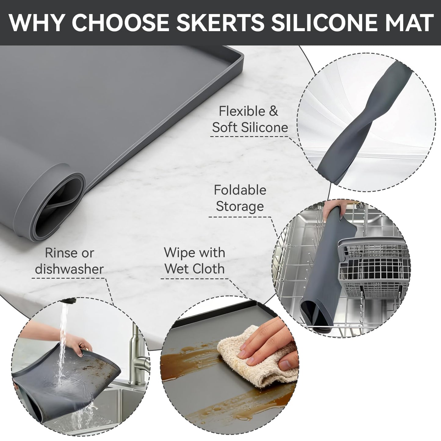 SKERTS Silicone Fridge & Washing Machine Mat 27"x27"x0.8" Non-Slip Spill-Proof Floor Protector with Raised Edges for Mini Fridge, Dishwasher, Pet Bowls, Dark Gray
