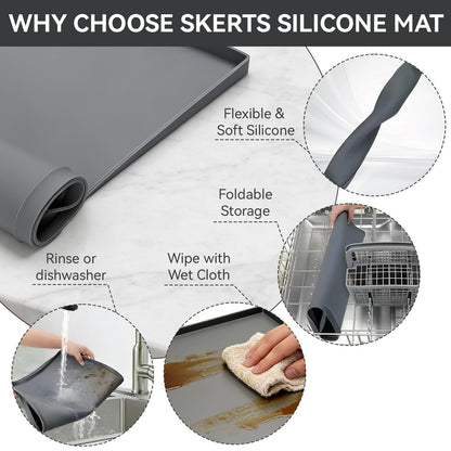 SKERTS Silicone Fridge & Washing Machine Mat 27"x27"x0.8" Non-Slip Spill-Proof Floor Protector with Raised Edges for Mini Fridge, Dishwasher, Pet Bowls, Dark Gray
