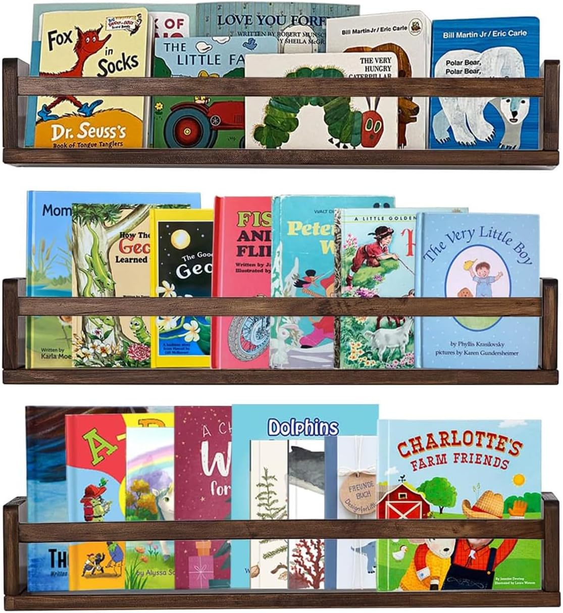 24 Inch Set 3 AZSKY Nursery Book Shelves Deep Walnut Floating Bookshelf for Kids Room Wall Mounted Floating Shelves