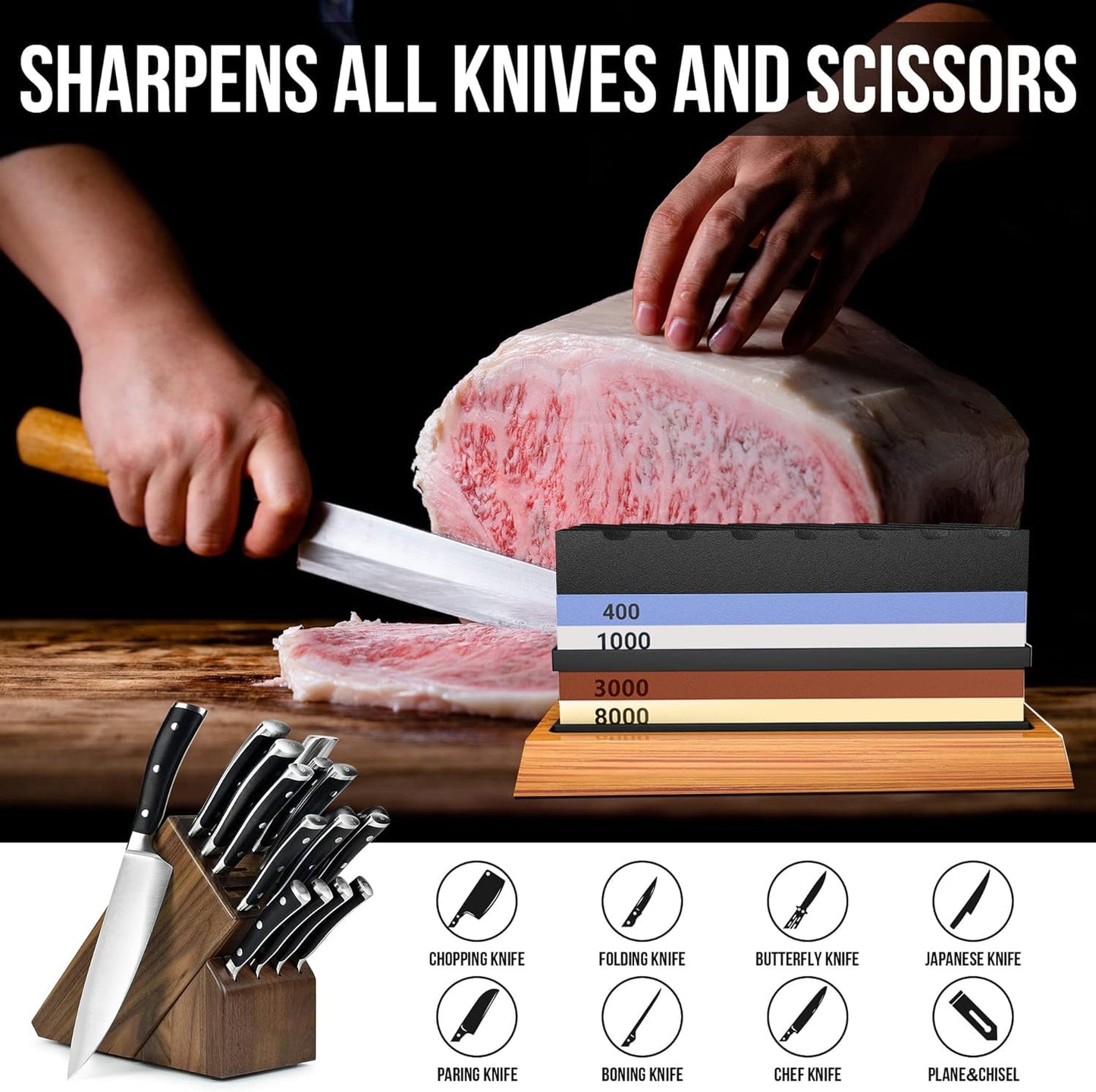 YeopAsda Knife Sharpening Stone Kit, Premium 4 Side Grit 400/1000 3000/8000 Whetstone Knife Sharpener Tool, Non-Slip Bamboo Base,Cut Resistant Gloves, Angle Guide