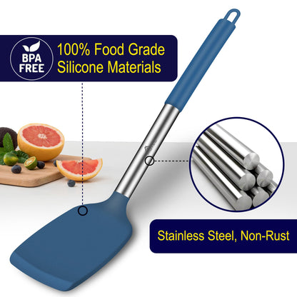 HOTEC Silicone Spatula Set of 2 Heat-Resistant 600°F & BPA-Free Kitchen SaptulaTurner with Stainless Steel Handles, Slotted & Solid Spatulas for Nonstick Cookware, 13.7 Inch, Classic Blue
