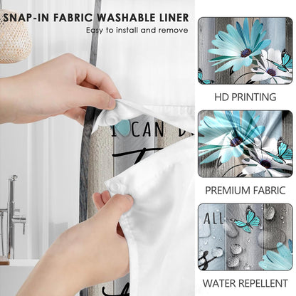 AZHM No Hooks Shower Curtain with Snap in Liner Rustic Teal Daisy Flower Inspirational Quotes Curtain for Bathroom Decor See Through Top Window Double Layers, 71x74 inches