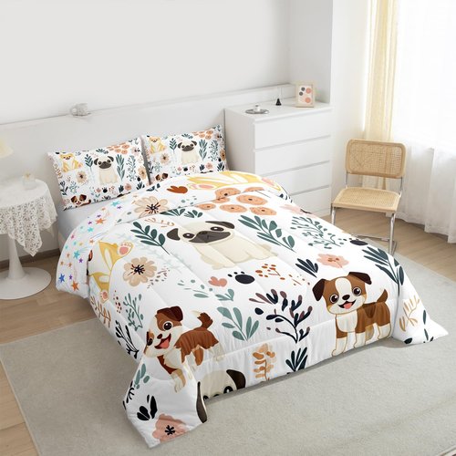 Feelyou Cute Puppy Dog Bedding Set - Kids Toddler Dog & Flowers Comforter Set - Botanical Plant Duvet & Quilt Set