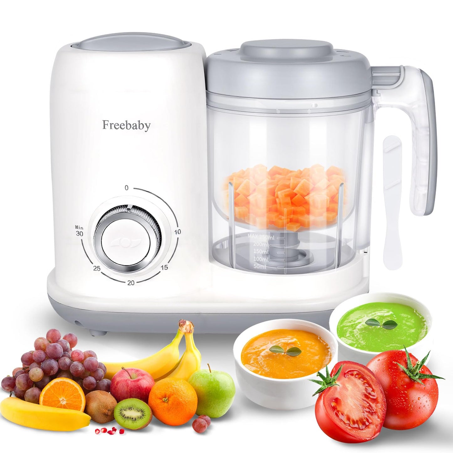 Freebaby 4 in 1 Baby Food Maker, One Step Baby Food Processor, Puree Blender Grinder Mills and Steamer, Baby Puree Maker with Steam Basket, One Button Easy Operation, BPA-Free