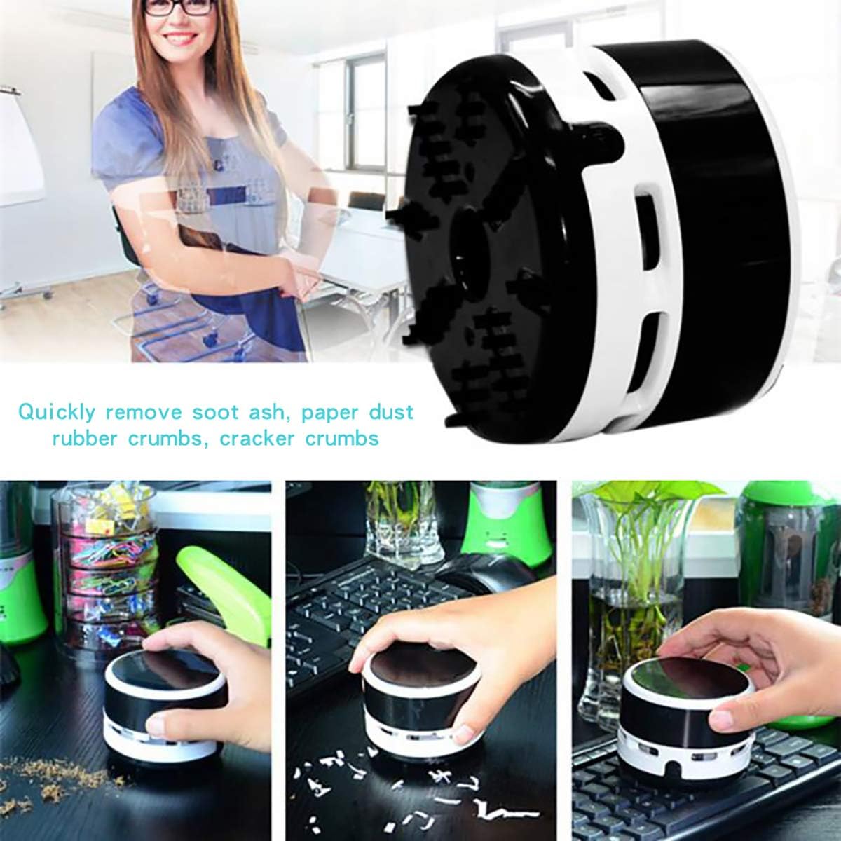 iSuperb Portable Desktop Vacuum Cleaner - Mini Crumb Sweeper for Home, Office, Cars - Rubber Dust Remover (Black, No